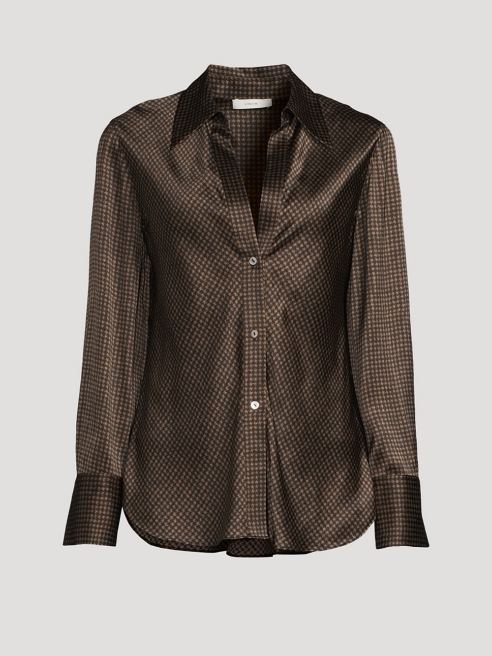 VINCE Brushed Houndstooth Bias Blouse in Black & Camel
